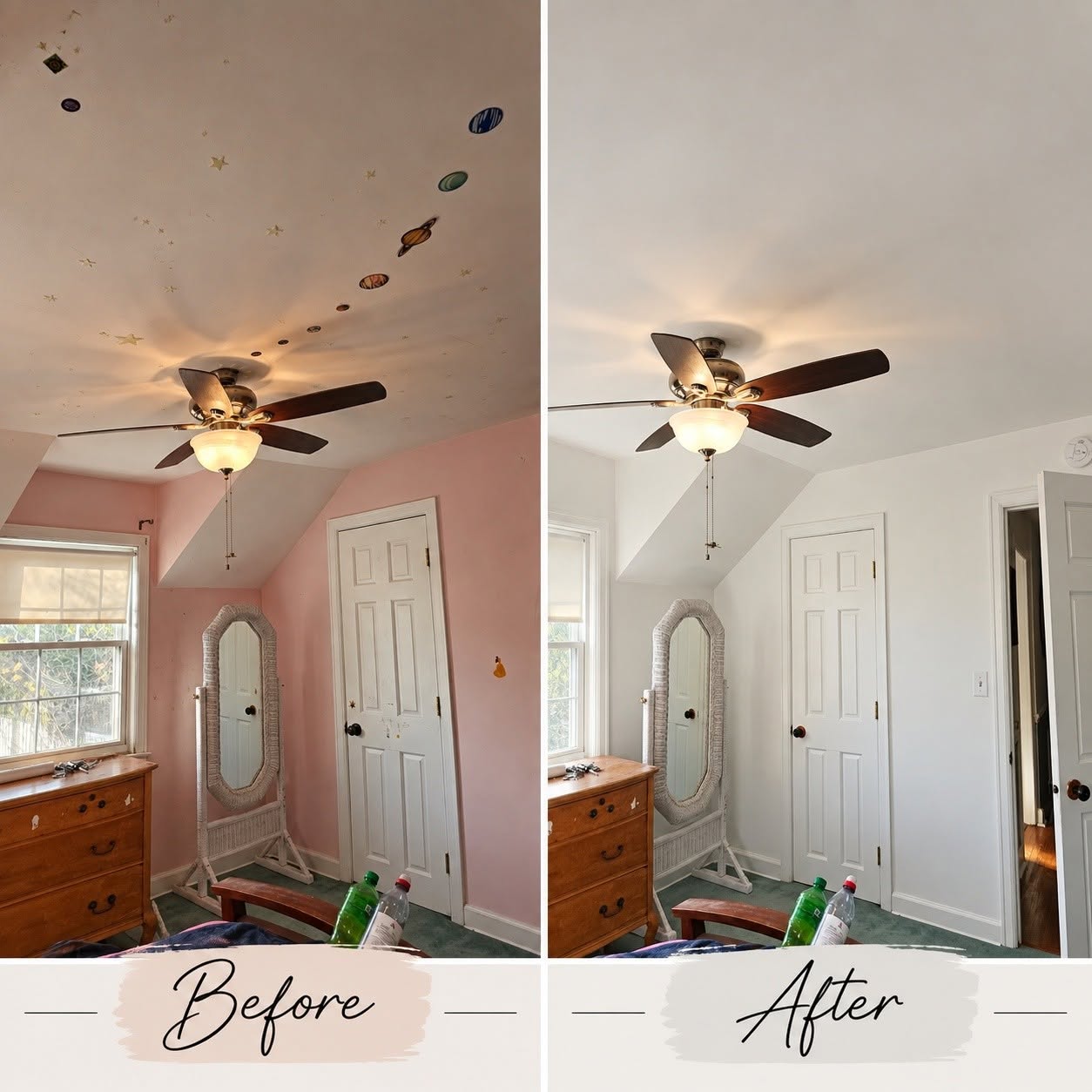 Pink bedroom before and after repairs and a light neutral repaint