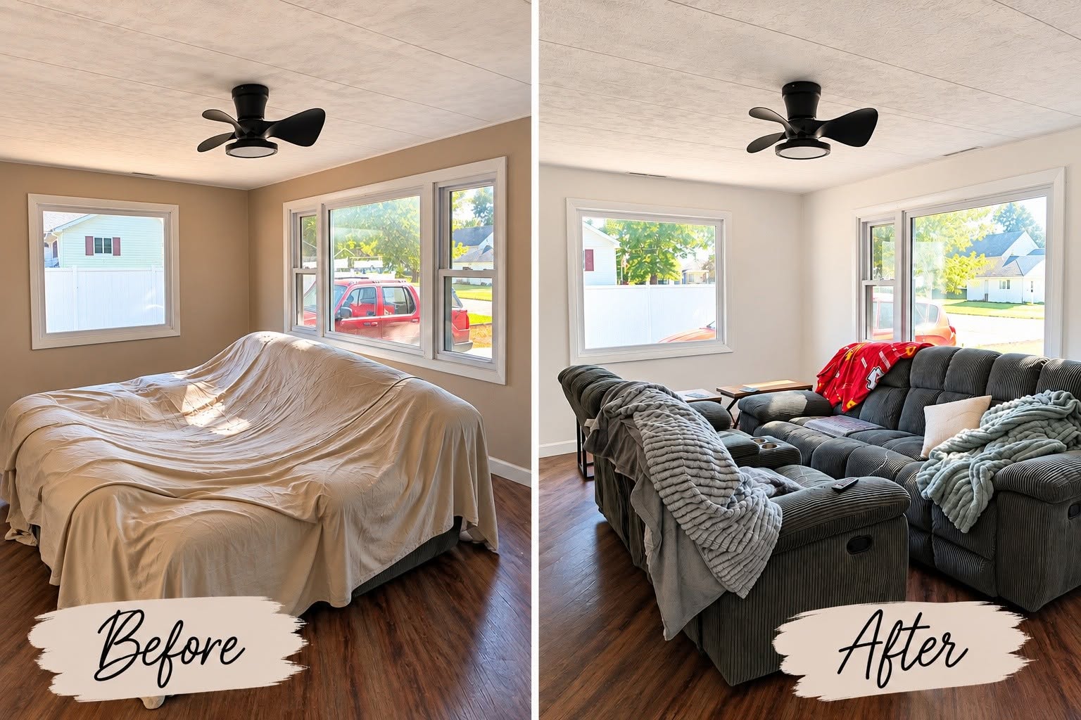 Living room before and after changing beige walls to a bright neutral